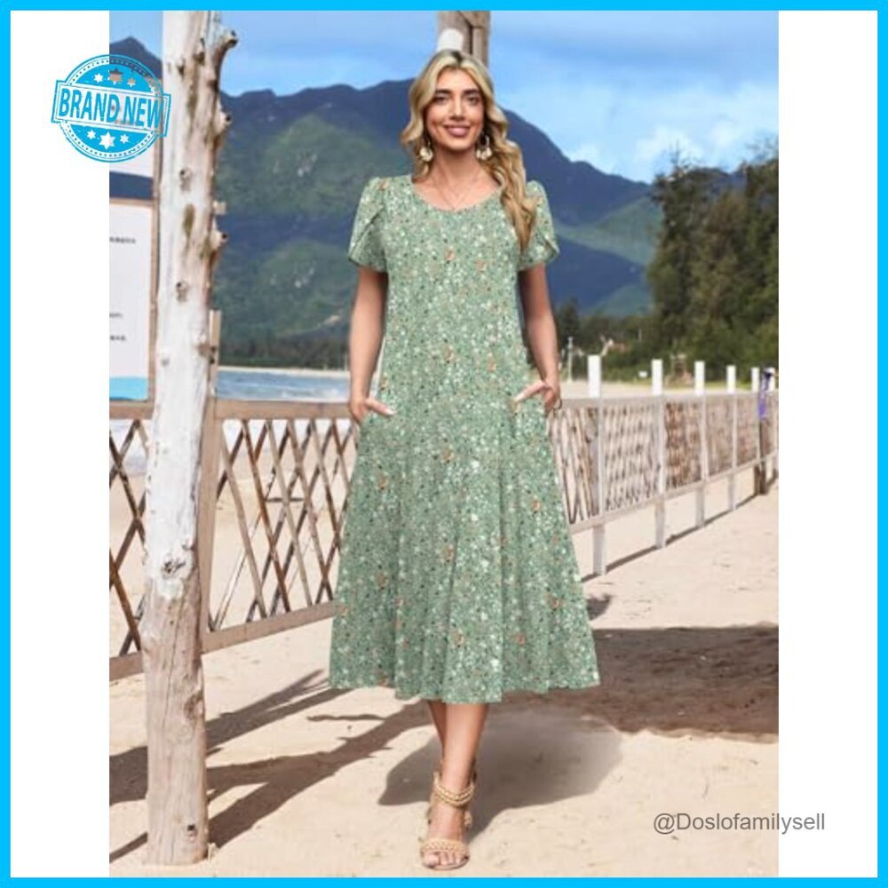 Flowy Midi Sundress Petal Sleeve A-Line Bohemian Casual Elegant Summer Dress - Picture 3 of 7